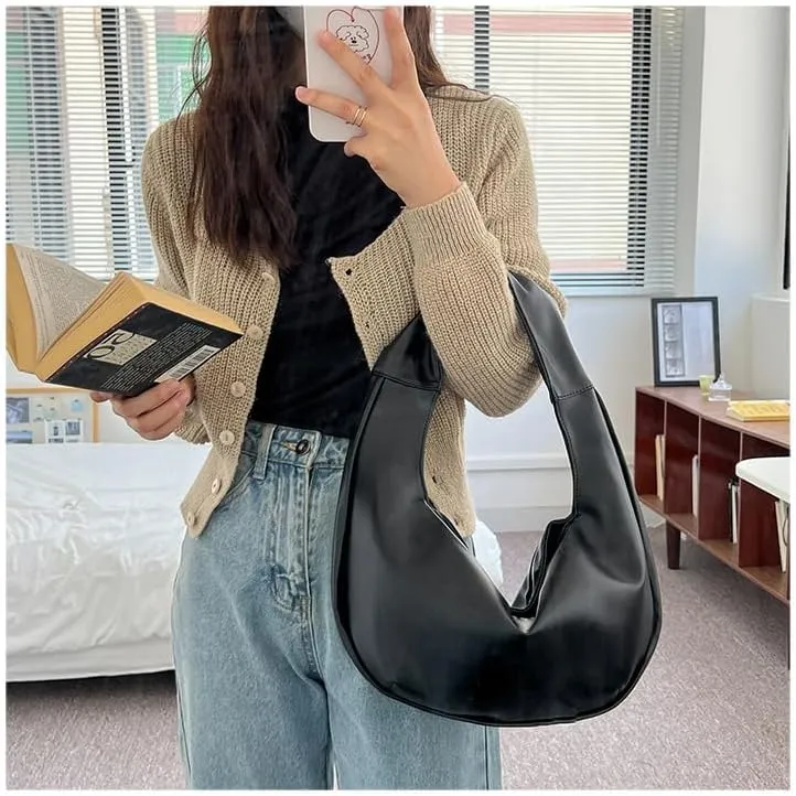 Women's Oily Wax Leather Half Moon bag Soft Dumpling bag Underarm bag