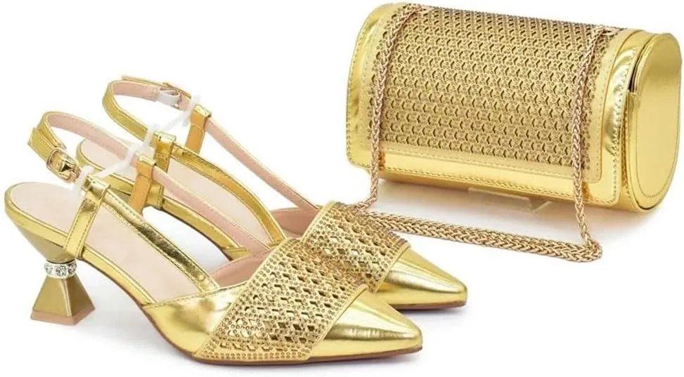 Women’S Party Shoes and Bag Set Elegant High Heels Slingbacks Pumps with Matching Shinning Handbag
