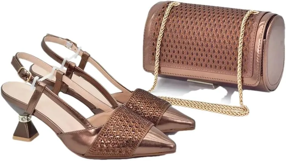 Women’S Party Shoes and Bag Set Elegant High Heels Slingbacks Pumps with Matching Shinning Handbag