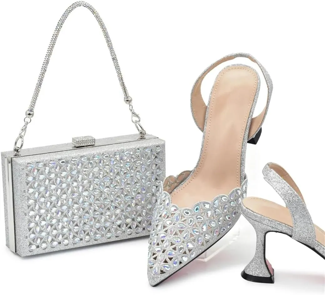 Women’S Party Wedding Shoes and Bag Set High Heels Slingbacks Pumps with Matching Handbag