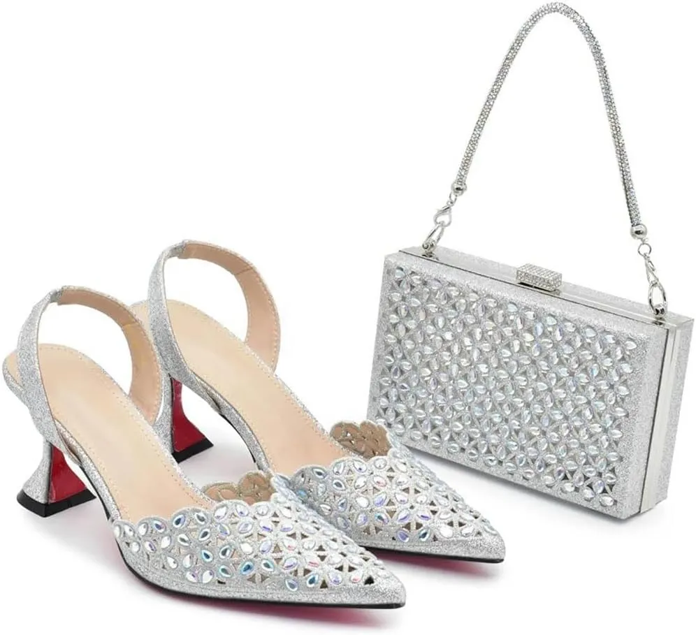 Women’S Party Wedding Shoes and Bag Set High Heels Slingbacks Pumps with Matching Handbag