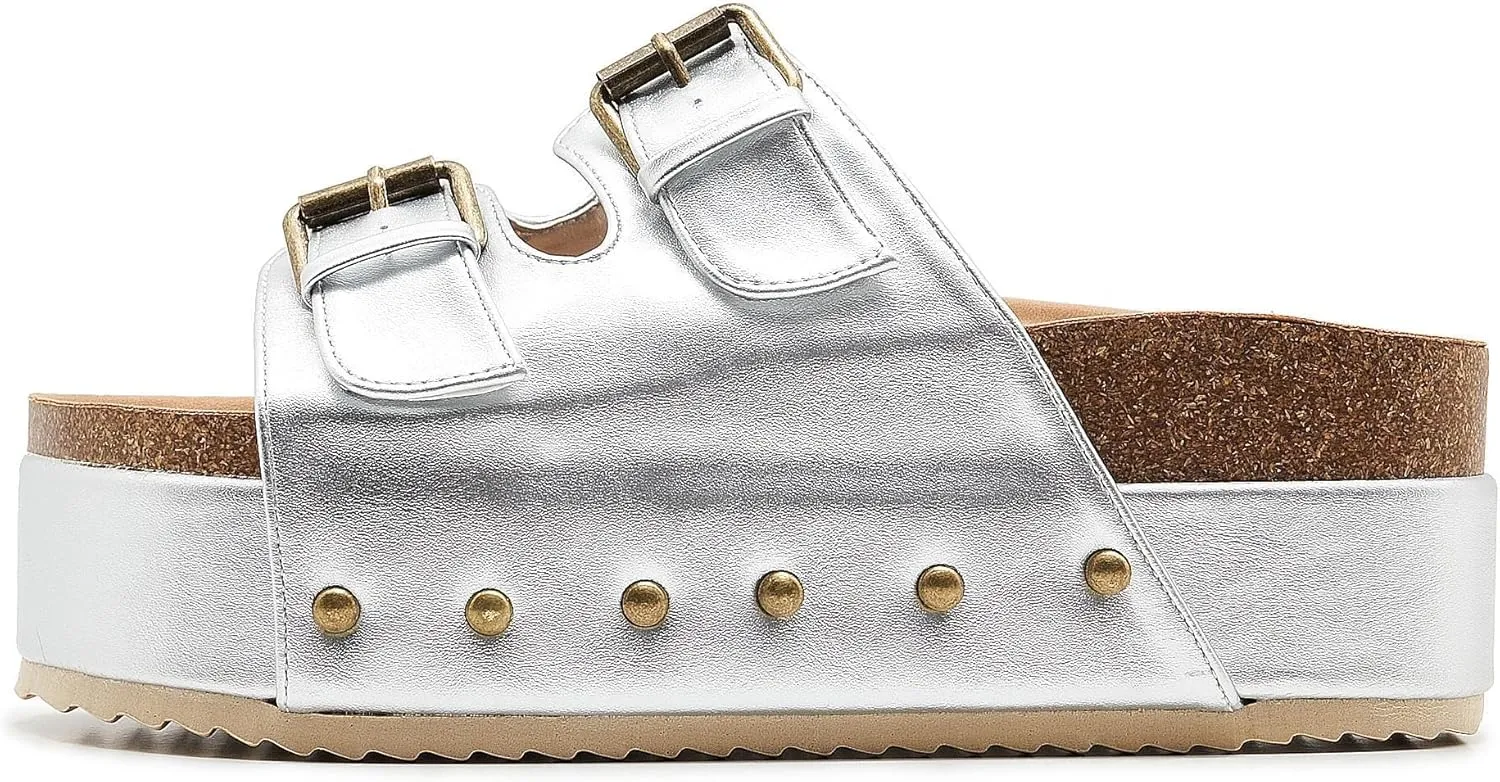 Women's Platform Cork Slides Dual Buckled Straps Clogs Slip On Flatform Sandals for Women Clogs
