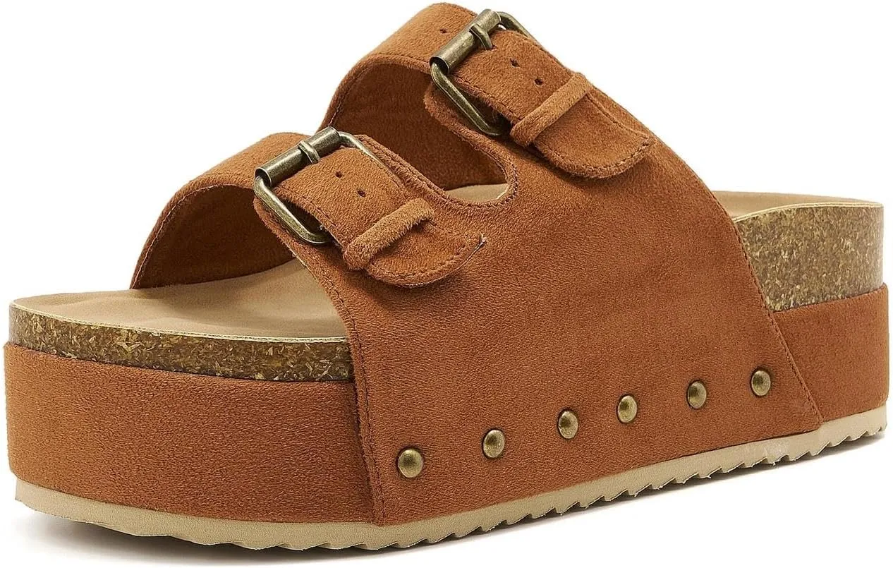 Women's Platform Slide Sandals Comfortable Cork Footbed Studded Clogs Adjustable Buckle Straps Open Toe Flatform Sandal Summer Slipper