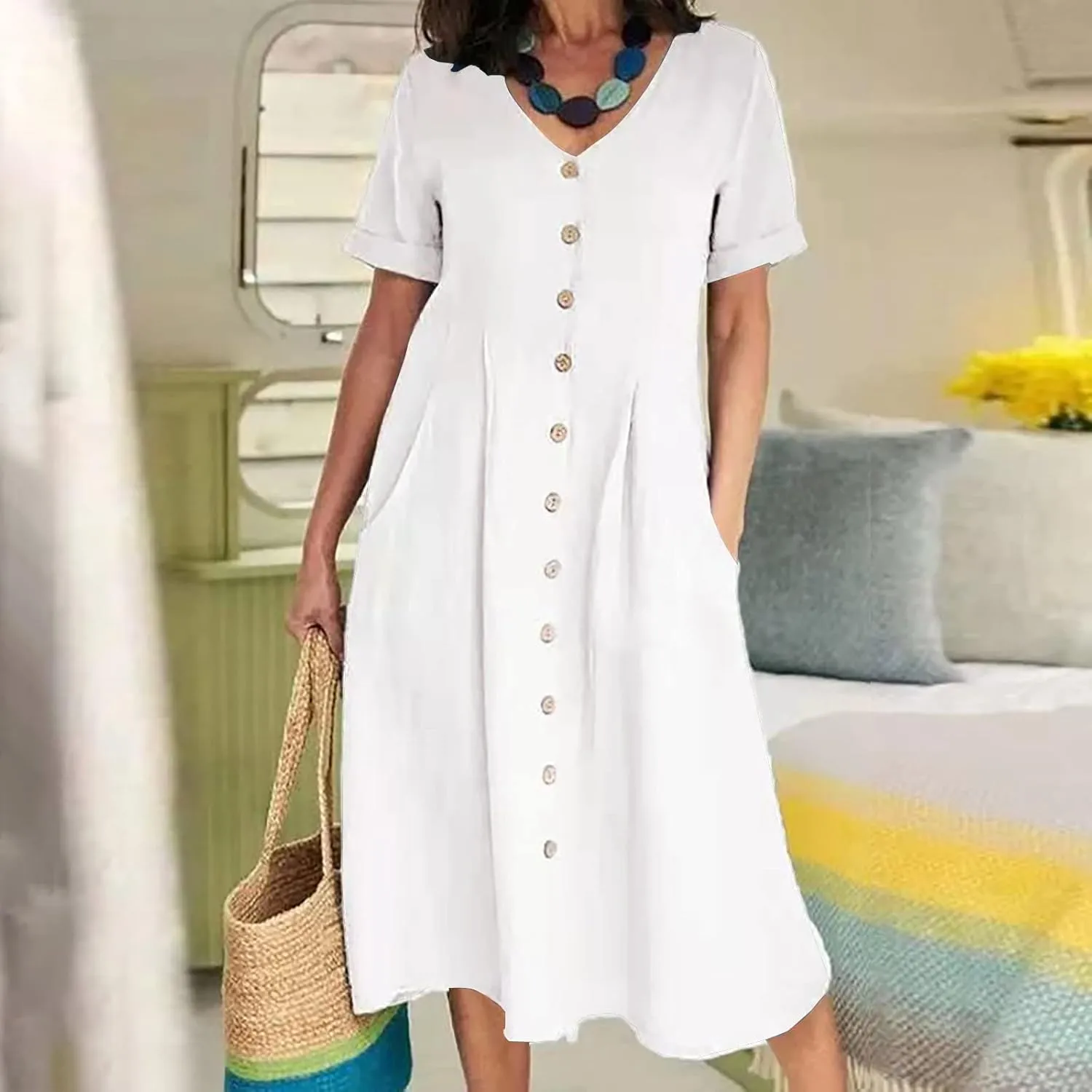 Womens Plus Size Cotton Linen Summer Dress Casual V-Neck Solid Short Sleeve Button Pocket T-Shirt Dress