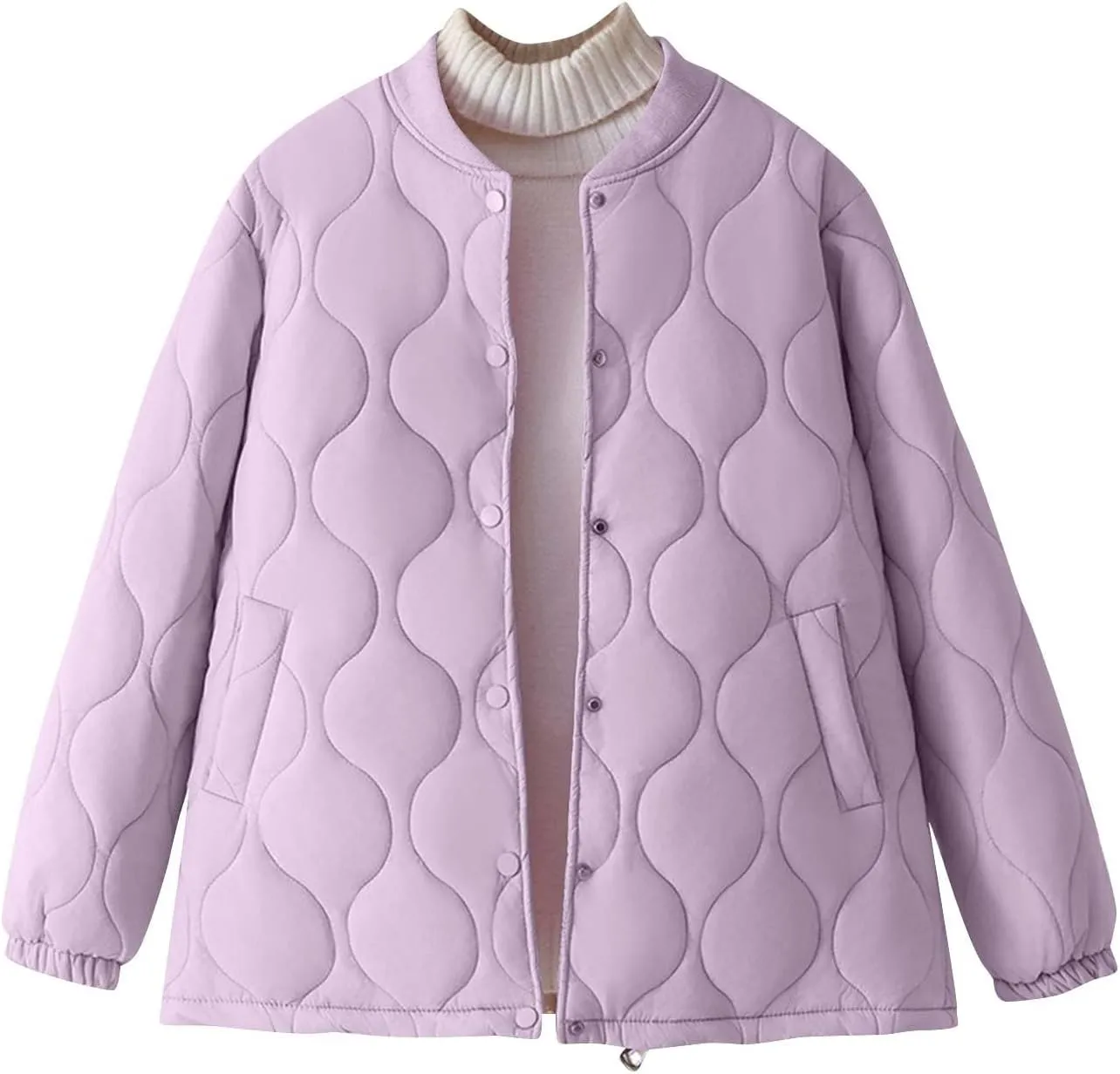 Women's Quilted Jacket Long Sleeve Lightweight Puffer Jacket Button Baggy Winter Coats with Pockets