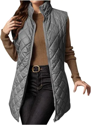 Women's Quilted Long Vest Basic Solid Color Lightweight Padded Gilet Petite Sleeveless Warm Coat Outerwear 2024