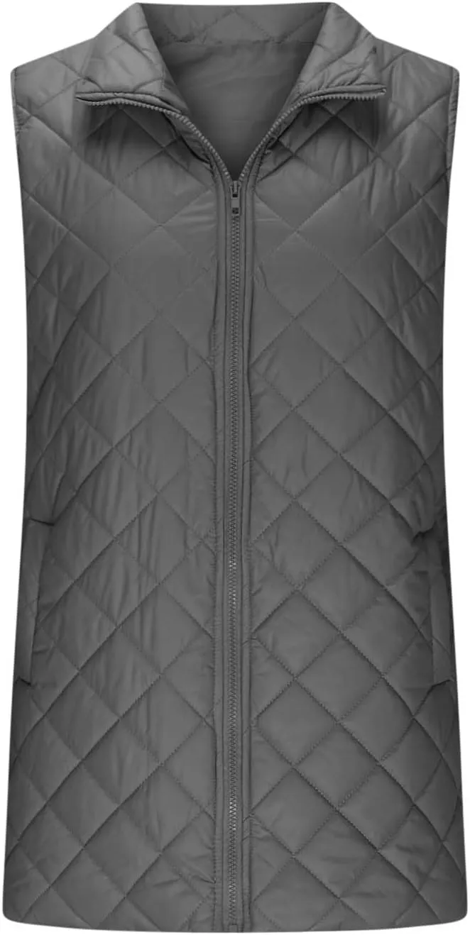 Women's Quilted Long Vest Basic Solid Color Lightweight Padded Gilet Petite Sleeveless Warm Coat Outerwear 2024