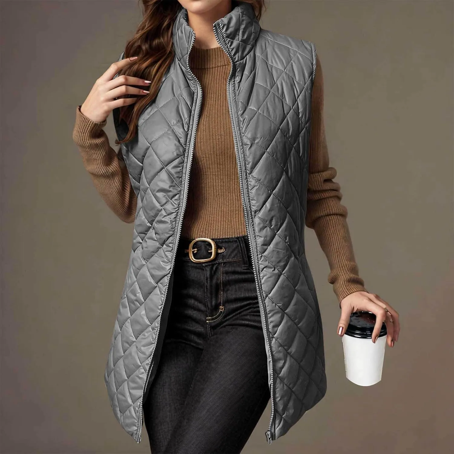 Women's Quilted Long Vest Basic Solid Color Lightweight Padded Gilet Petite Sleeveless Warm Coat Outerwear 2024