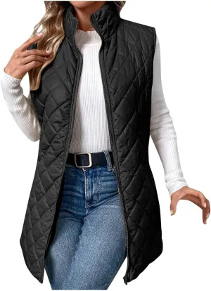 Women's Quilted Long Vest Basic Solid Color Lightweight Padded Gilet Petite Sleeveless Warm Coat Outerwear 2024