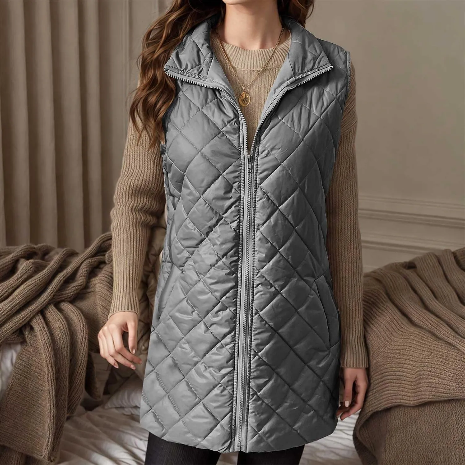Women's Quilted Long Vest Basic Solid Color Lightweight Padded Gilet Petite Sleeveless Warm Coat Outerwear 2024