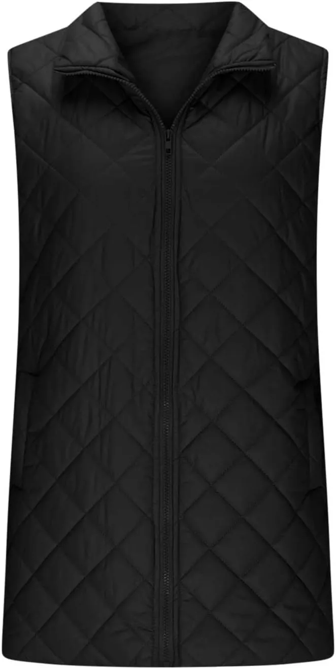 Women's Quilted Long Vest Basic Solid Color Lightweight Padded Gilet Petite Sleeveless Warm Coat Outerwear 2024