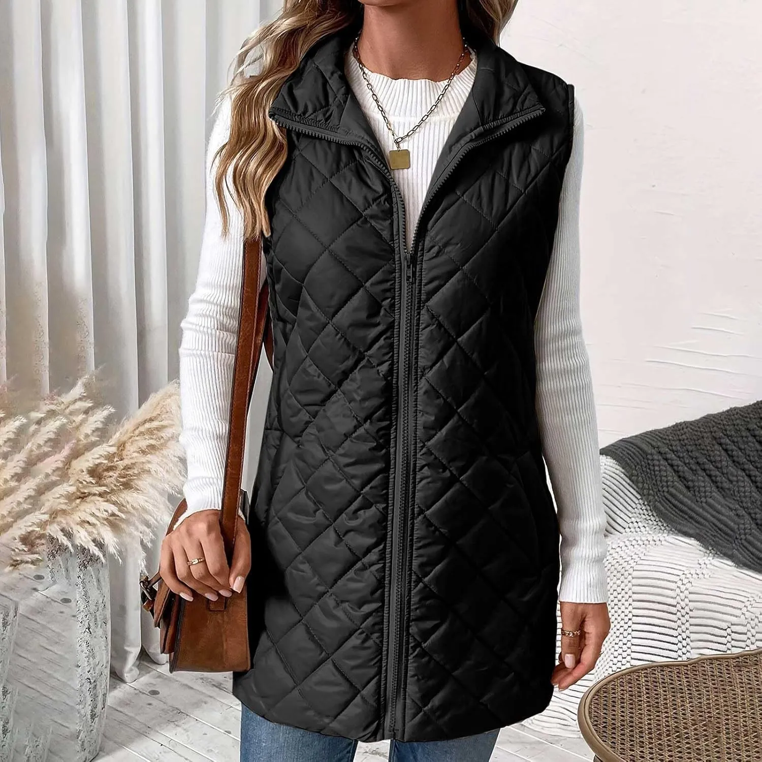 Women's Quilted Long Vest Basic Solid Color Lightweight Padded Gilet Petite Sleeveless Warm Coat Outerwear 2024