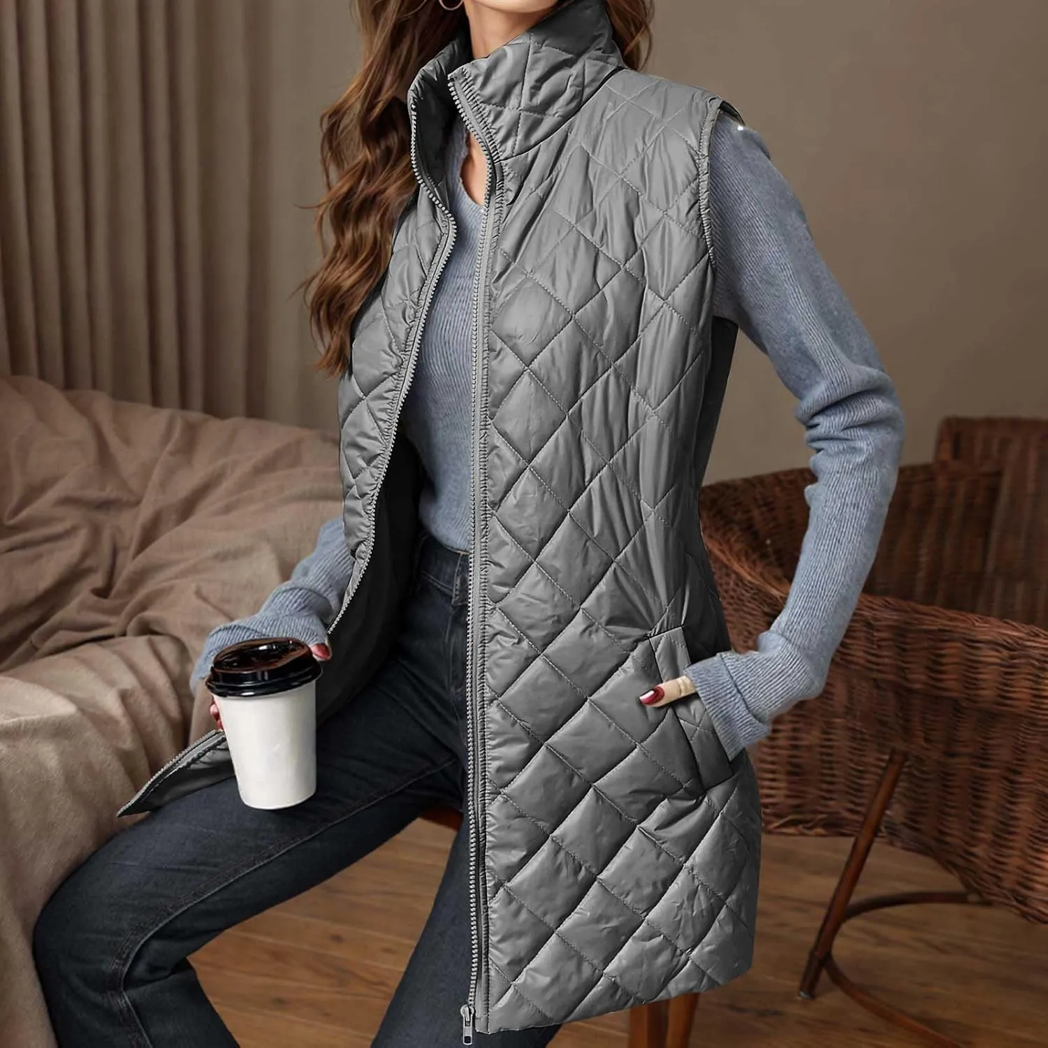 Women's Quilted Long Vest Basic Solid Color Lightweight Padded Gilet Petite Sleeveless Warm Coat Outerwear 2024