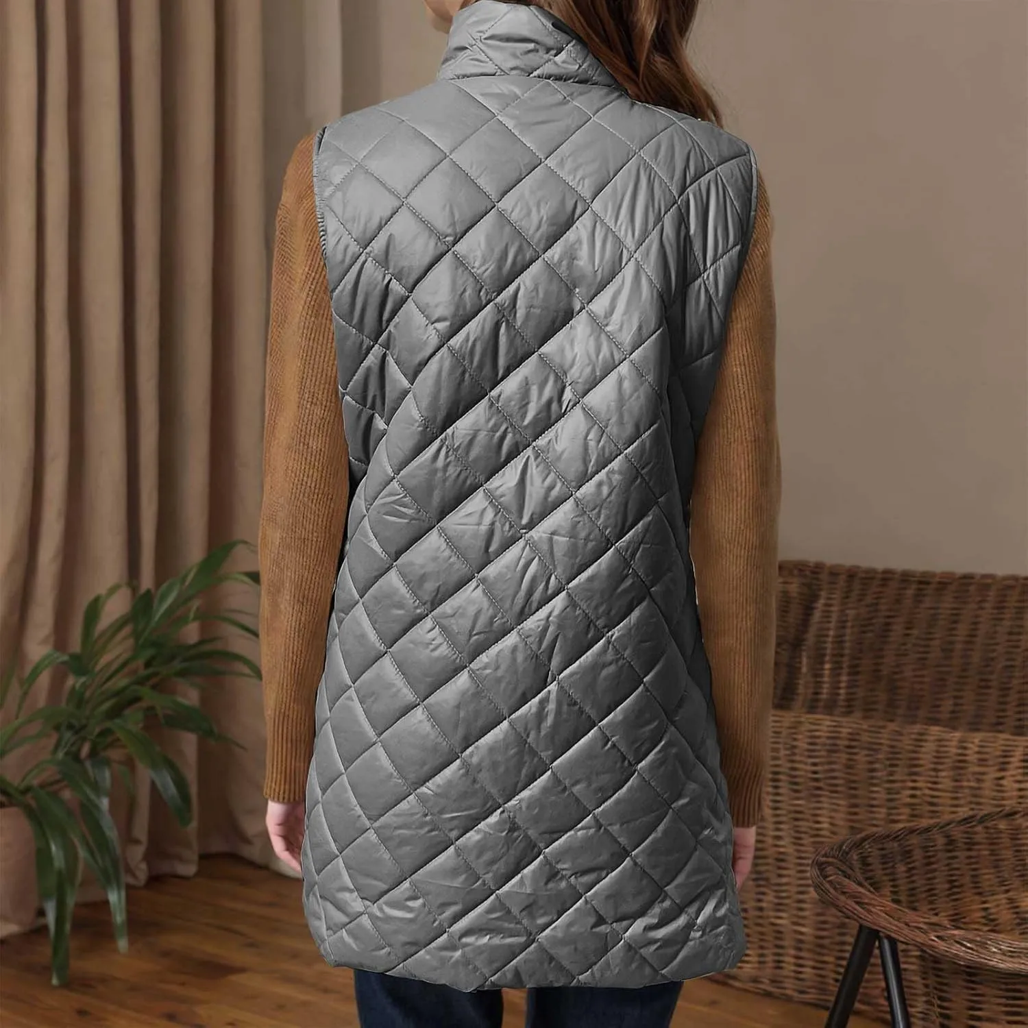 Women's Quilted Long Vest Basic Solid Color Lightweight Padded Gilet Petite Sleeveless Warm Coat Outerwear 2024