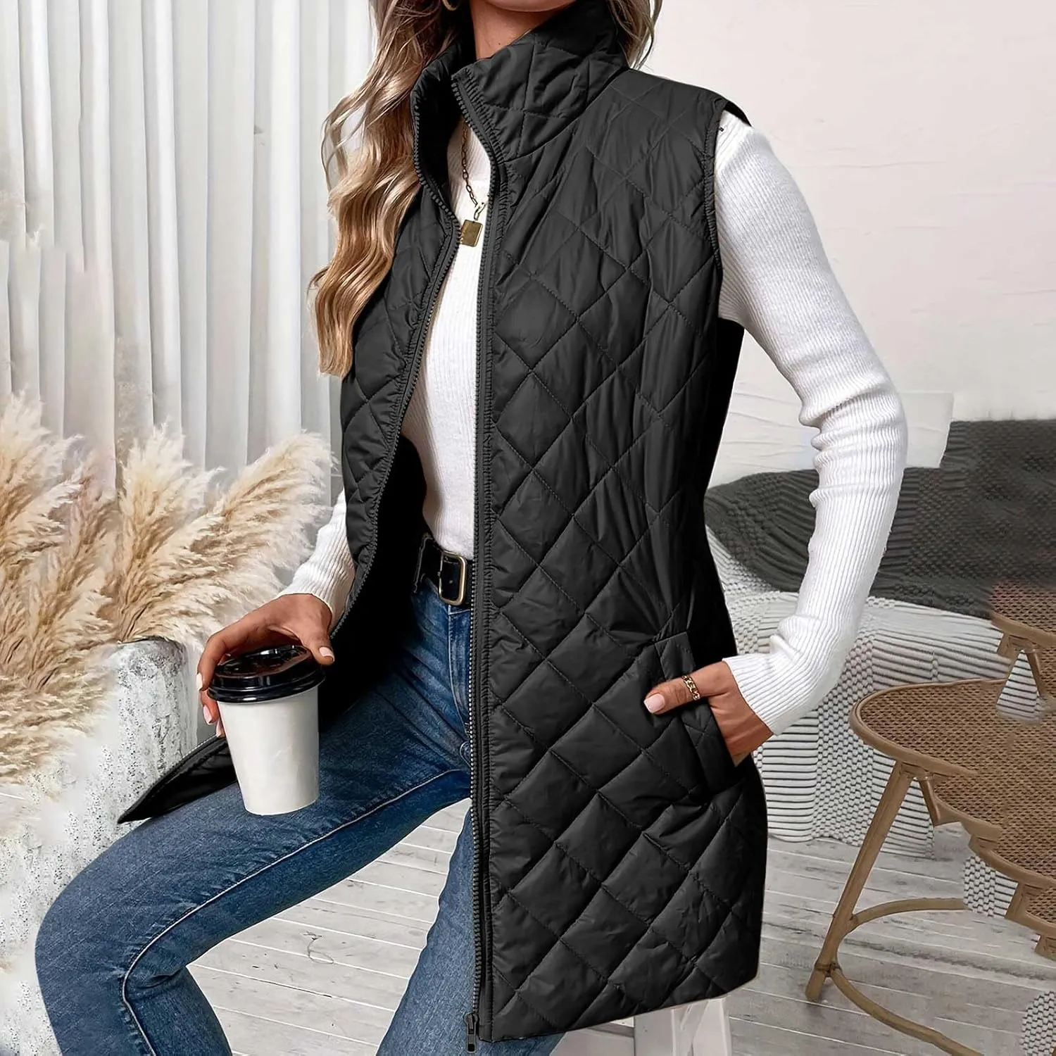 Women's Quilted Long Vest Basic Solid Color Lightweight Padded Gilet Petite Sleeveless Warm Coat Outerwear 2024