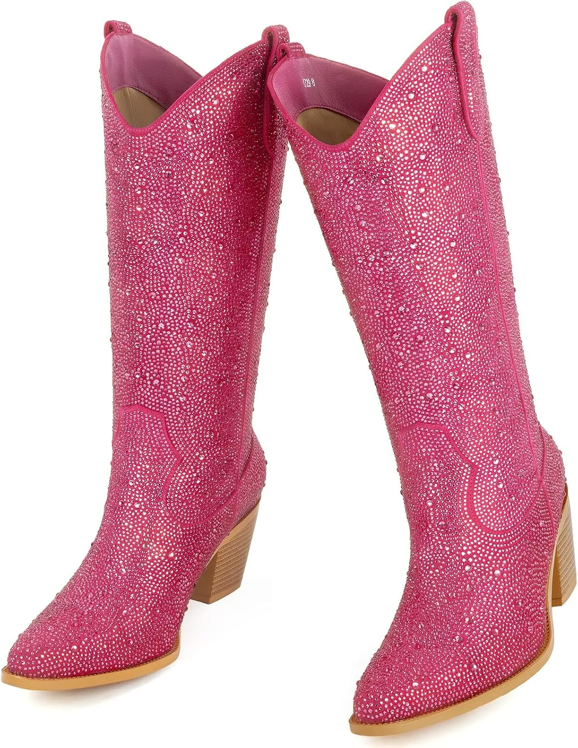 Women’s Rhinestone Cowboy Boots Mid Calf Pointed Toe Sparkly Block Heel Cowgirl Boots with Pull On Tabs