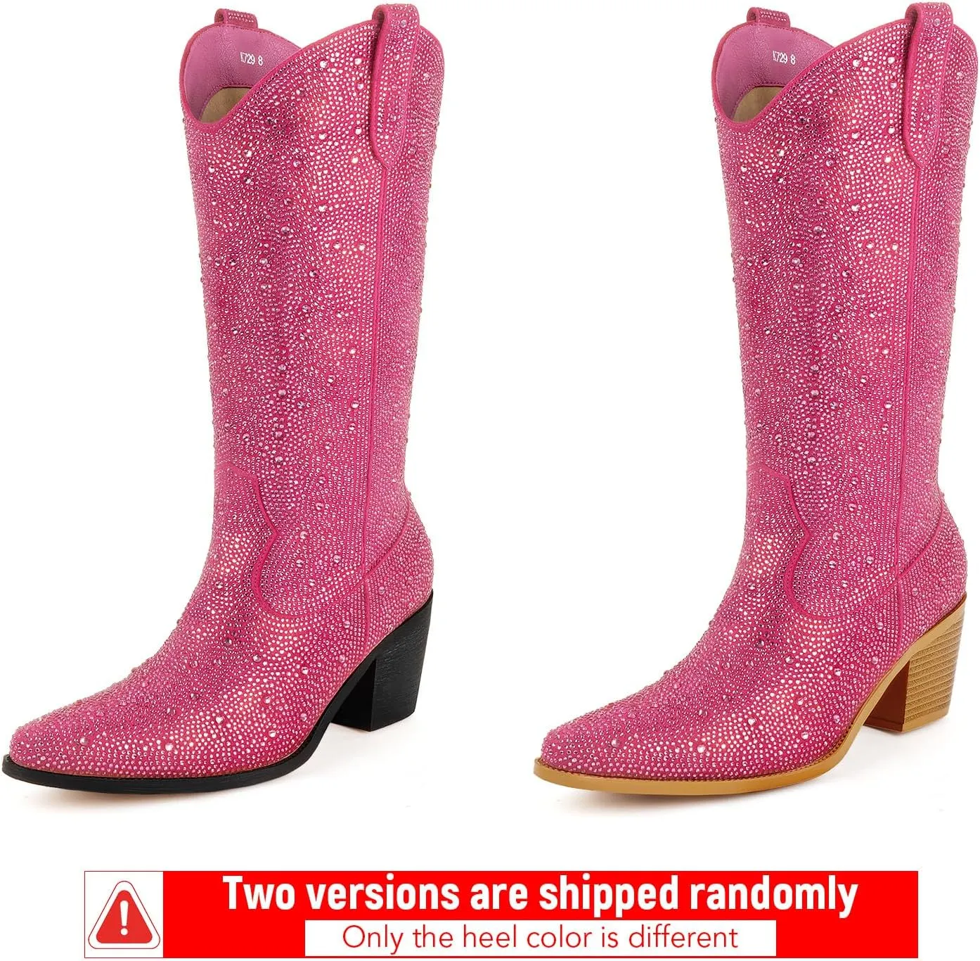 Women’s Rhinestone Cowboy Boots Mid Calf Pointed Toe Sparkly Block Heel Cowgirl Boots with Pull On Tabs