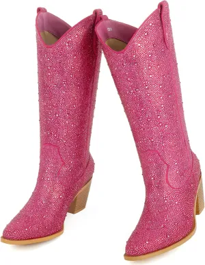 Women’s Rhinestone Cowboy Boots Mid Calf Pointed Toe Sparkly Block Heel Cowgirl Boots with Pull On Tabs