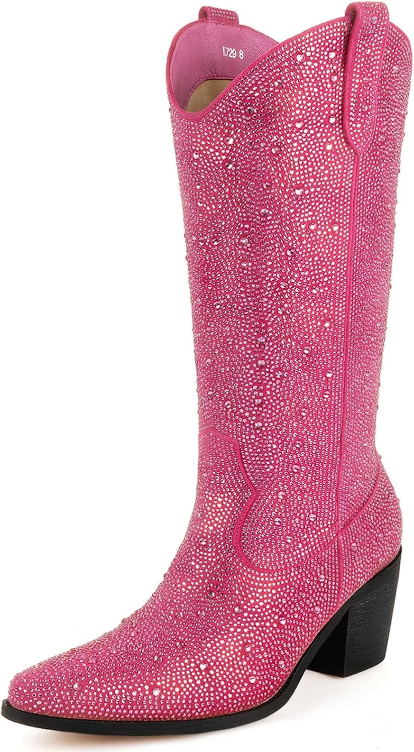 Women’s Rhinestone Cowboy Boots Mid Calf Pointed Toe Sparkly Block Heel Cowgirl Boots with Pull On Tabs