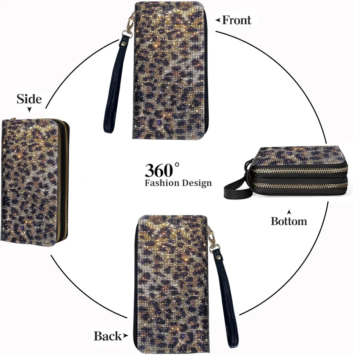 Women's Rhinestone Large Capacity Double Zipper Wristlet Clutch Purse Party Wallet Card Phone Holder