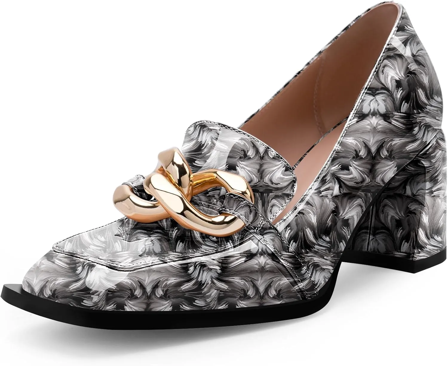 Women's Square Toe Slip On Metal Chain Pumps Chunky Heel Patent Leather Dress Shoes