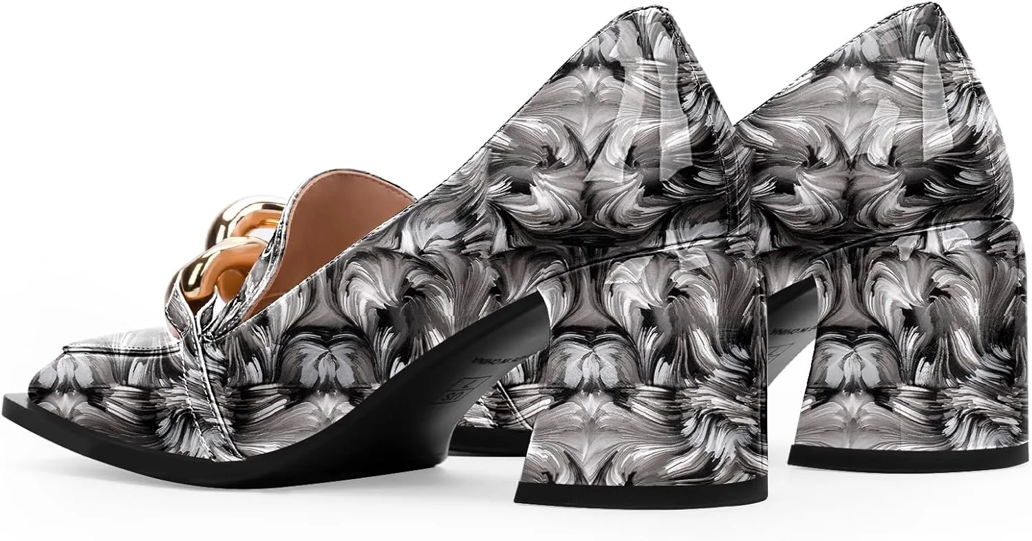 Women's Square Toe Slip On Metal Chain Pumps Chunky Heel Patent Leather Dress Shoes