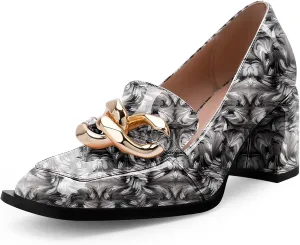 Women's Square Toe Slip On Metal Chain Pumps Chunky Heel Patent Leather Dress Shoes