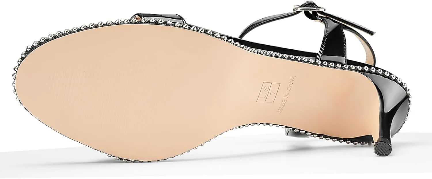 Women's Stiletto High Heels Patent Leather Heeled Sandals Beaded Kitten Heels Open Toe Shoes Dressy Studded Stilettos for Ladies Sexy