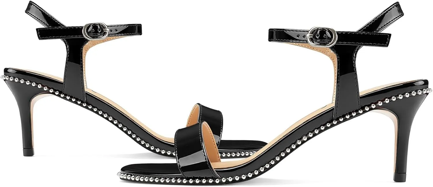 Women's Stiletto High Heels Patent Leather Heeled Sandals Beaded Kitten Heels Open Toe Shoes Dressy Studded Stilettos for Ladies Sexy