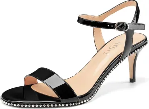 Women's Stiletto High Heels Patent Leather Heeled Sandals Beaded Kitten Heels Open Toe Shoes Dressy Studded Stilettos for Ladies Sexy