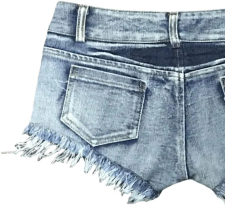 Women's Stretchy Frayed Hem Denim Shorts Low Rise Booty Shorts for Beach Party Wear