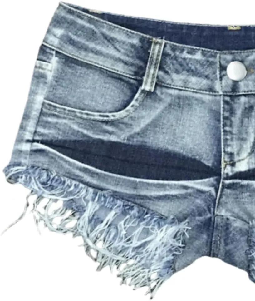 Women's Stretchy Frayed Hem Denim Shorts Low Rise Booty Shorts for Beach Party Wear