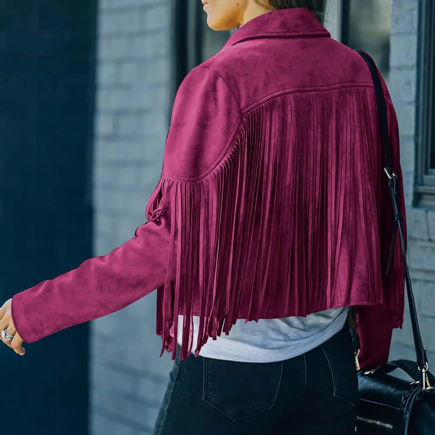 Women's Suede Fringe Jacket Trendy Long Sleeve Leather Coat Fashion Cropped Jacket Western Outfits with Tassel