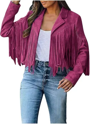 Women's Suede Fringe Jacket Trendy Long Sleeve Leather Coat Fashion Cropped Jacket Western Outfits with Tassel