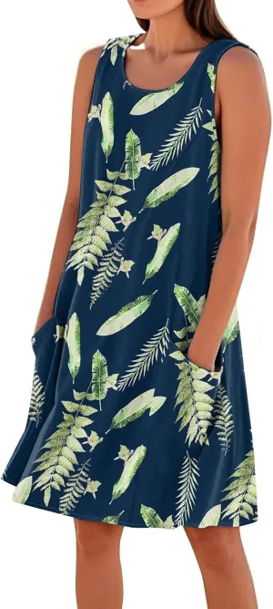 Women's Summer Cotton Linen Midi Dress Sleeveless Boho Beach Tank Dresses Plus Size Loose Comfy Dress with Pocket