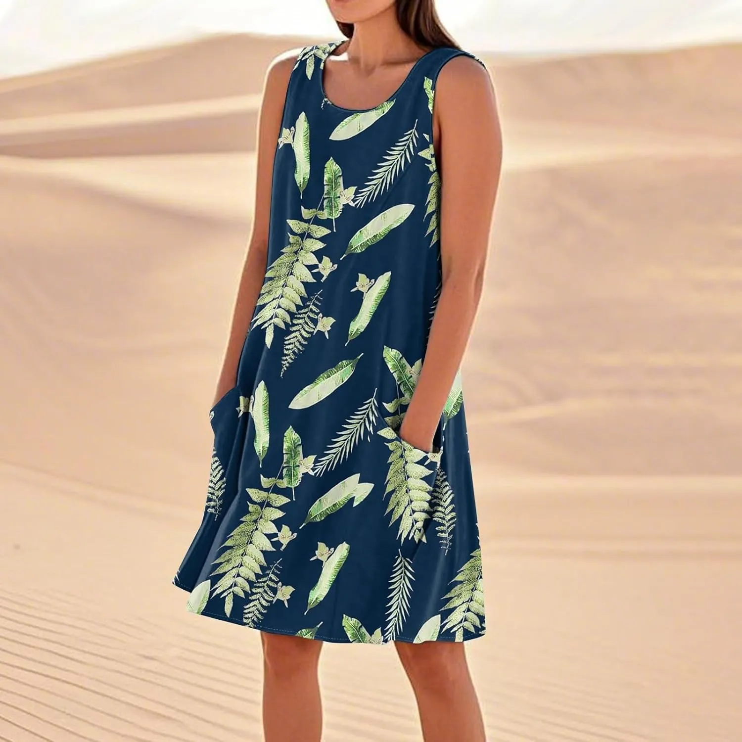 Women's Summer Cotton Linen Midi Dress Sleeveless Boho Beach Tank Dresses Plus Size Loose Comfy Dress with Pocket