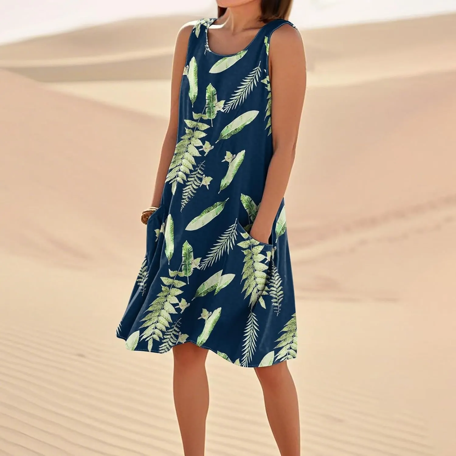 Women's Summer Cotton Linen Midi Dress Sleeveless Boho Beach Tank Dresses Plus Size Loose Comfy Dress with Pocket