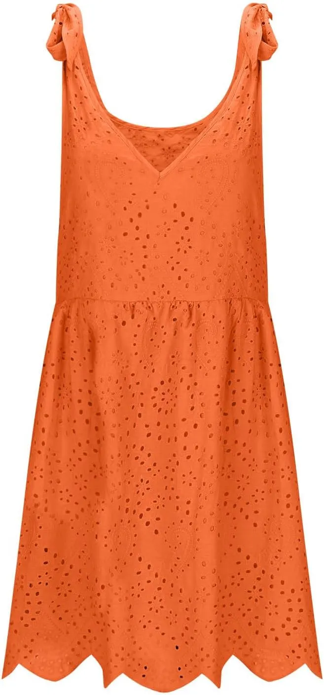 Womens Summer Dress Casual Sleeveless Spaghetti Strap Vacation Beach Dress Eyelet Short Sundresses Swimsuit Coverups
