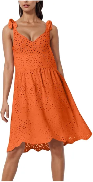 Womens Summer Dress Casual Sleeveless Spaghetti Strap Vacation Beach Dress Eyelet Short Sundresses Swimsuit Coverups