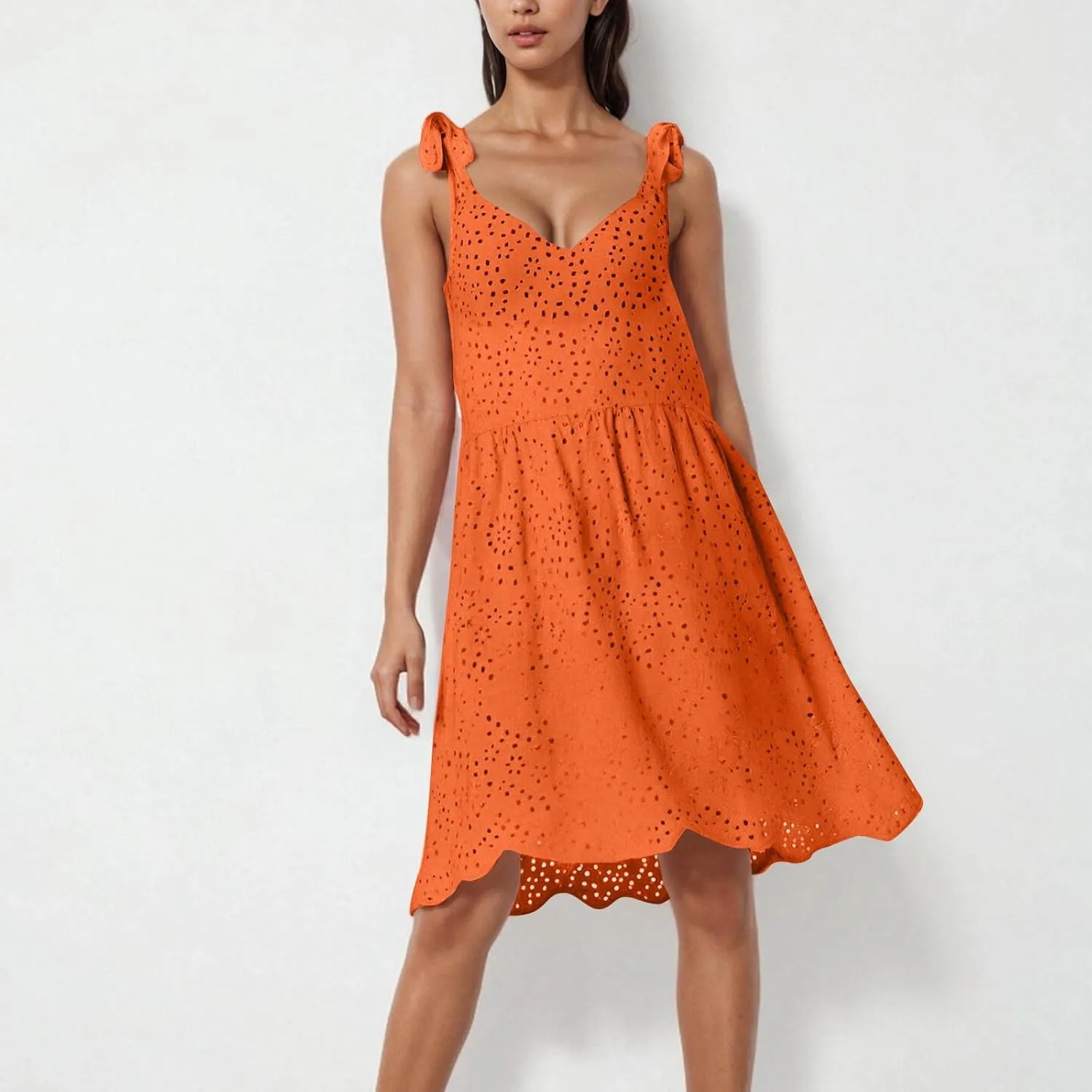 Womens Summer Dress Casual Sleeveless Spaghetti Strap Vacation Beach Dress Eyelet Short Sundresses Swimsuit Coverups