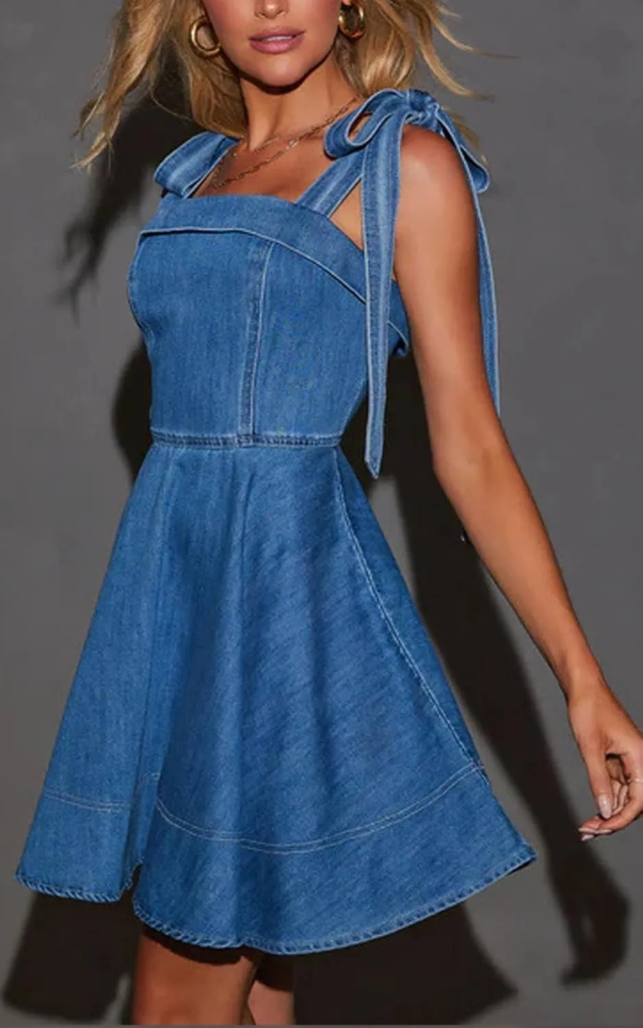 Women’s Summer Tie Shoulder Sleeveless Denim Mini Dress Ruffle A Line Swing Short Denim Dress