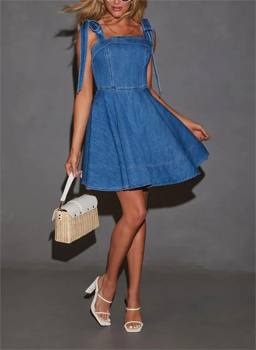Women’s Summer Tie Shoulder Sleeveless Denim Mini Dress Ruffle A Line Swing Short Denim Dress