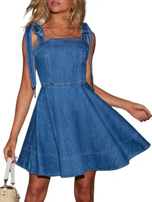 Women’s Summer Tie Shoulder Sleeveless Denim Mini Dress Ruffle A Line Swing Short Denim Dress