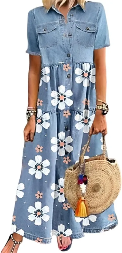 Womens Vintage Denim Button Down Short Sleeve Lapel Maxi Dress 2024 Spring Summer Loose Tiered Flowy Long Shirt Dress