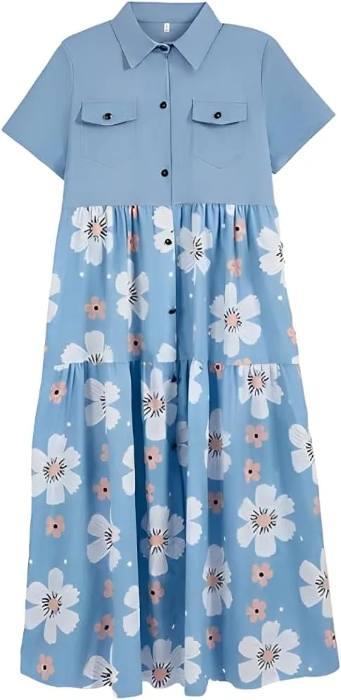 Womens Vintage Denim Button Down Short Sleeve Lapel Maxi Dress 2024 Spring Summer Loose Tiered Flowy Long Shirt Dress