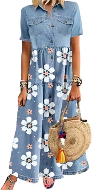 Womens Vintage Denim Button Down Short Sleeve Lapel Maxi Dress 2024 Spring Summer Loose Tiered Flowy Long Shirt Dress