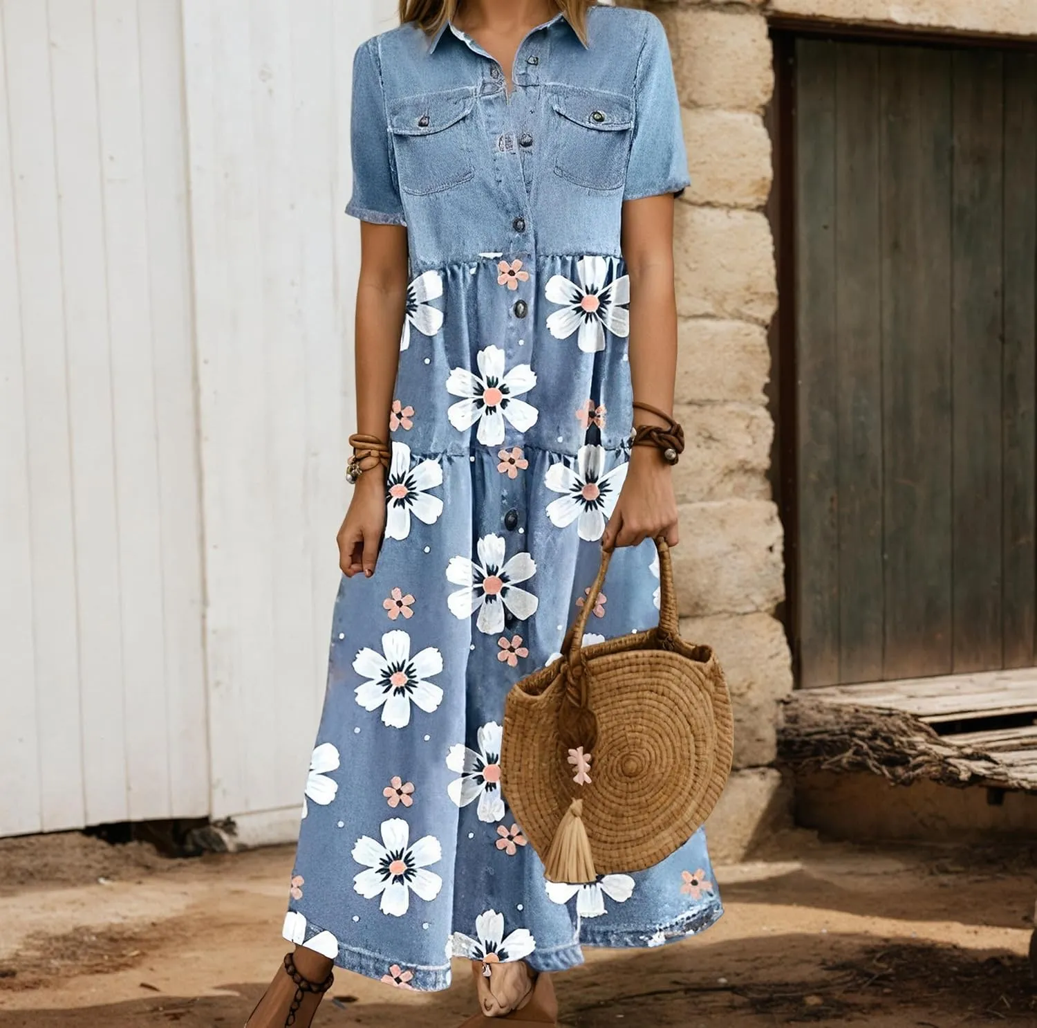 Womens Vintage Denim Button Down Short Sleeve Lapel Maxi Dress 2024 Spring Summer Loose Tiered Flowy Long Shirt Dress