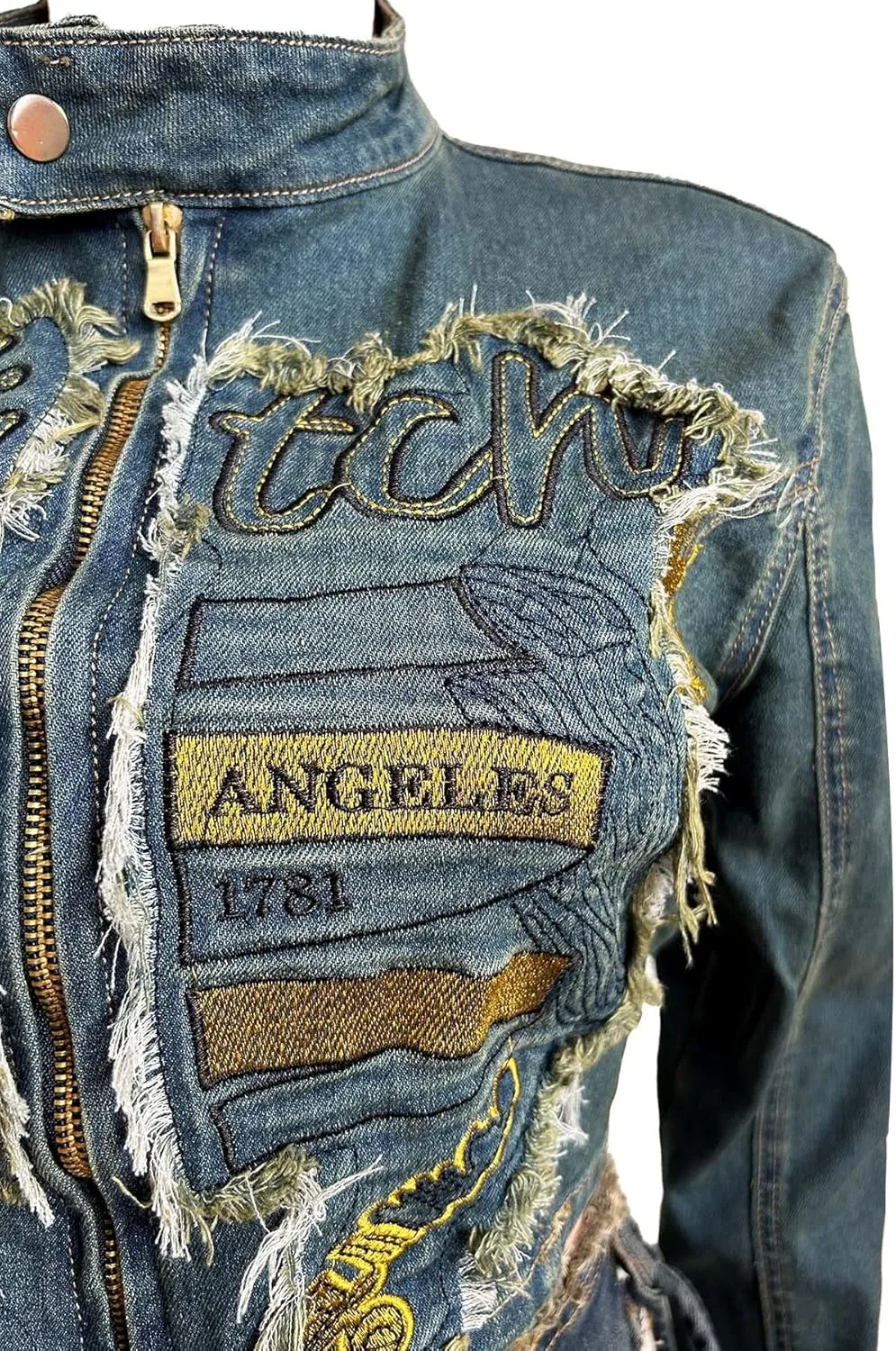 Women's Vintage Distressed Denim Set Exquisite 3D Embroidered Top and Pleated High-Waisted Ruffle Y2K Skirt