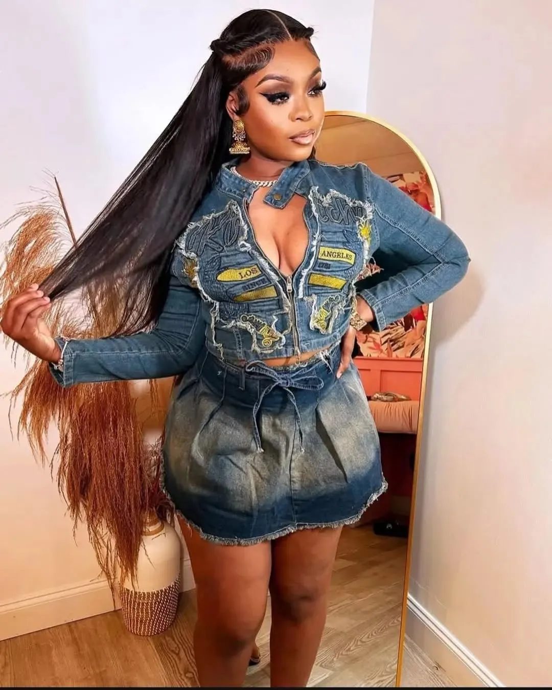 Women's Vintage Distressed Denim Set Exquisite 3D Embroidered Top and Pleated High-Waisted Ruffle Y2K Skirt