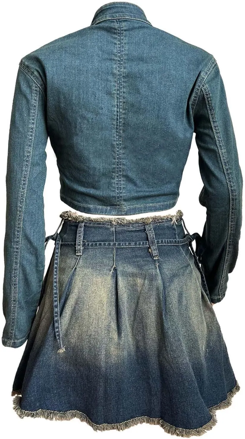 Women's Vintage Distressed Denim Set Exquisite 3D Embroidered Top and Pleated High-Waisted Ruffle Y2K Skirt